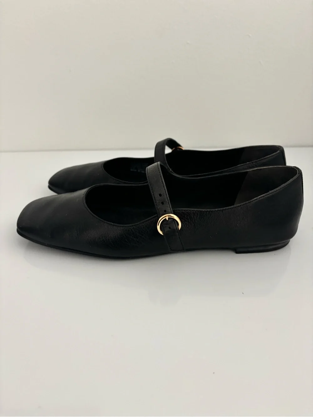 Tory Burch Black Leather Mary Jane Flats with Gold Buckle